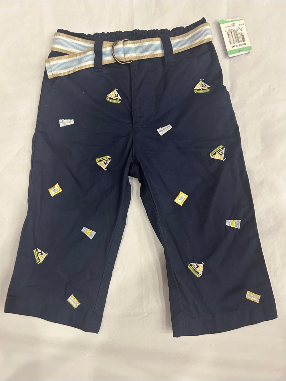greendog Navy Embroidered Sailboat Kids Flat-Front Shorts with Striped Belt